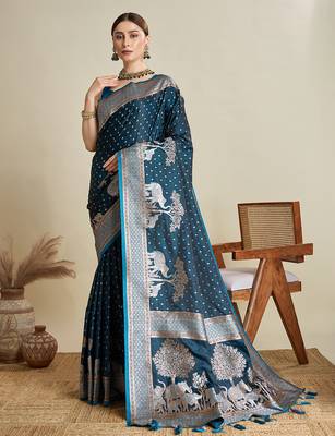 Teal blue woven embellished self design satin silk blend blend banarasi saree with blouse 1