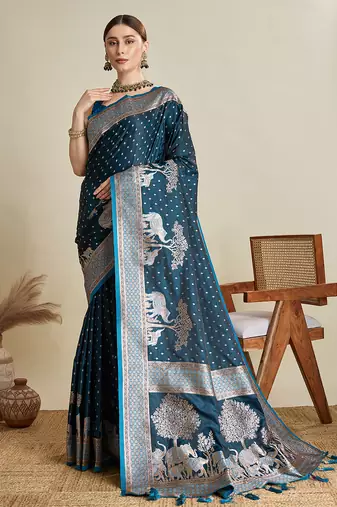 Teal blue woven embellished self design satin silk blend banarasi saree with blouse