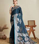 Teal blue woven embellished self design satin silk blend banarasi saree with blouse