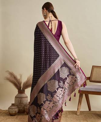 Wine woven embellished self design satin silk blend blend banarasi saree with blouse 4