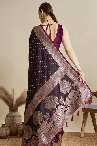 Wine woven embellished self design satin silk blend banarasi saree with blouse
