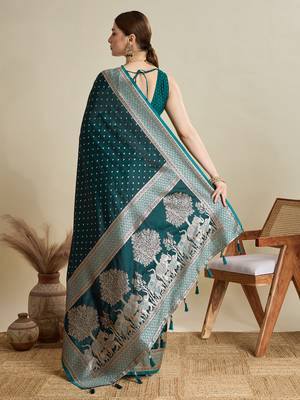 Teal green woven embellished self design satin silk blend blend banarasi saree with blouse 4