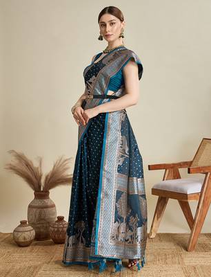 Teal blue woven embellished self design satin silk blend blend banarasi saree with blouse 2
