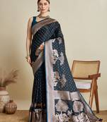 Navy blue woven embellished self design satin silk blend banarasi saree with blouse