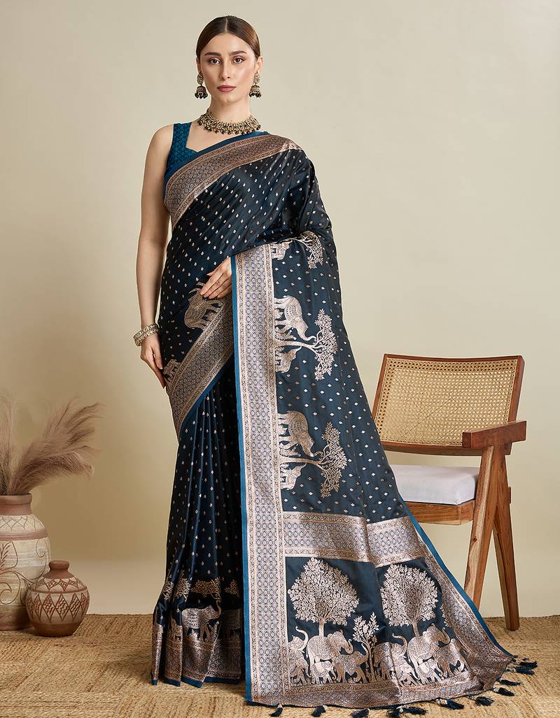 Navy blue woven embellished self design satin silk blend banarasi saree with blouse