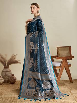 Teal blue woven embellished self design satin silk blend blend banarasi saree with blouse 3
