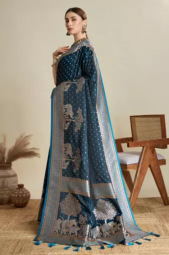 Teal blue woven embellished self design satin silk blend banarasi saree with blouse