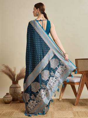 Teal blue woven embellished self design satin silk blend blend banarasi saree with blouse 4
