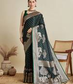 Dark green woven embellished self design satin silk blend banarasi saree with blouse