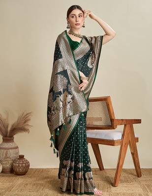 Dark green woven embellished self design satin silk blend blend banarasi saree with blouse 2