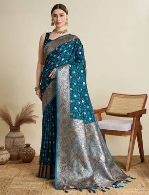 Teal blue woven embellished self design satin silk blend blend banarasi saree with blouse 1