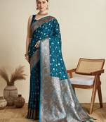 Teal blue woven embellished self design satin silk blend banarasi saree with blouse