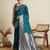 Teal blue woven embellished self design satin silk blend banarasi saree with blouse