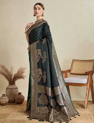 Dark green woven embellished self design satin silk blend blend banarasi saree with blouse 3