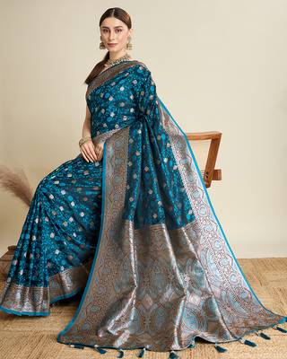 Teal blue woven embellished self design satin silk blend blend banarasi saree with blouse 2
