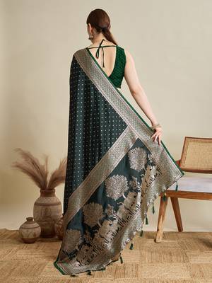 Dark green woven embellished self design satin silk blend blend banarasi saree with blouse 4
