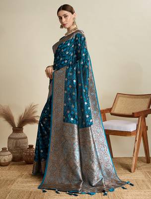 Teal blue woven embellished self design satin silk blend blend banarasi saree with blouse 3
