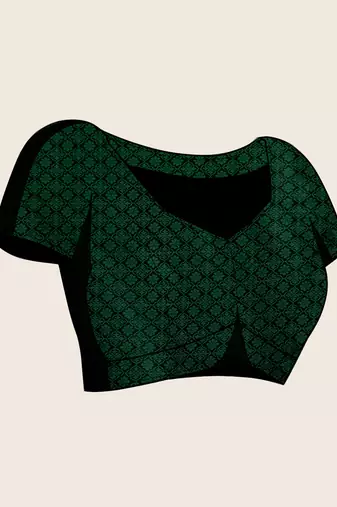 Dark green woven embellished self design satin silk blend banarasi saree with blouse