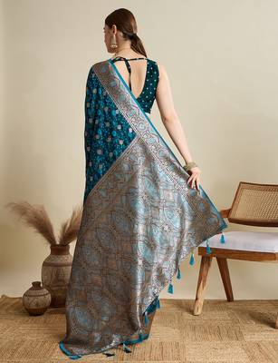 Teal blue woven embellished self design satin silk blend blend banarasi saree with blouse 4