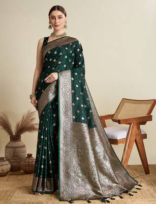 Green woven embellished self design satin silk blend blend banarasi saree with blouse 1