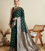 Green woven embellished self design satin silk blend banarasi saree with blouse
