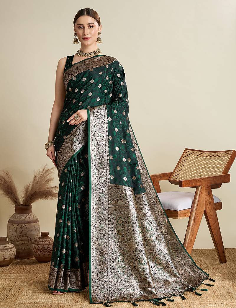 Green woven embellished self design satin silk blend banarasi saree with blouse