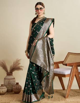 Green woven embellished self design satin silk blend blend banarasi saree with blouse 2
