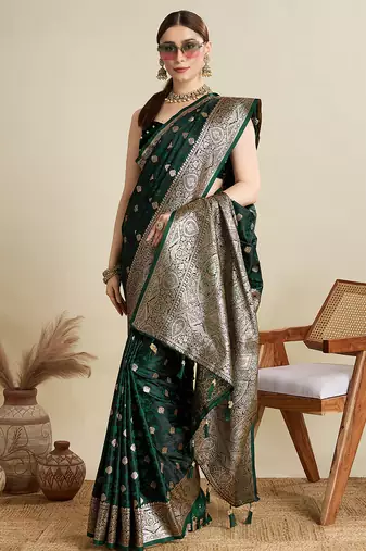 Green woven embellished self design satin silk blend banarasi saree with blouse