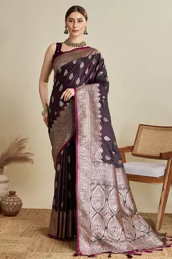 Wine woven embellished self design satin silk blend banarasi saree with blouse