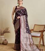 Wine woven embellished self design satin silk blend banarasi saree with blouse