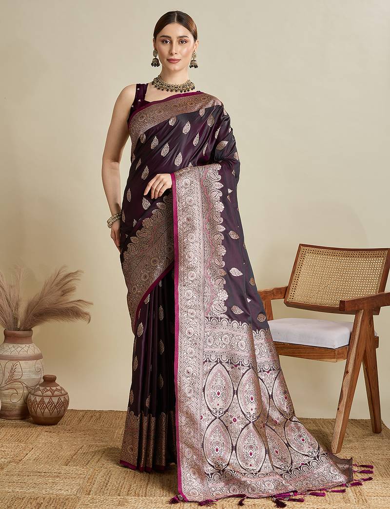 Wine woven embellished self design satin silk blend banarasi saree with blouse