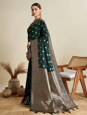 Green woven embellished self design satin silk blend blend banarasi saree with blouse 3