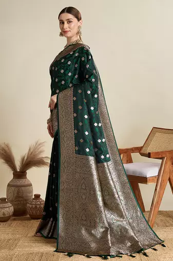 Green woven embellished self design satin silk blend banarasi saree with blouse