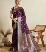 Pink woven embellished self design satin silk blend banarasi saree with blouse