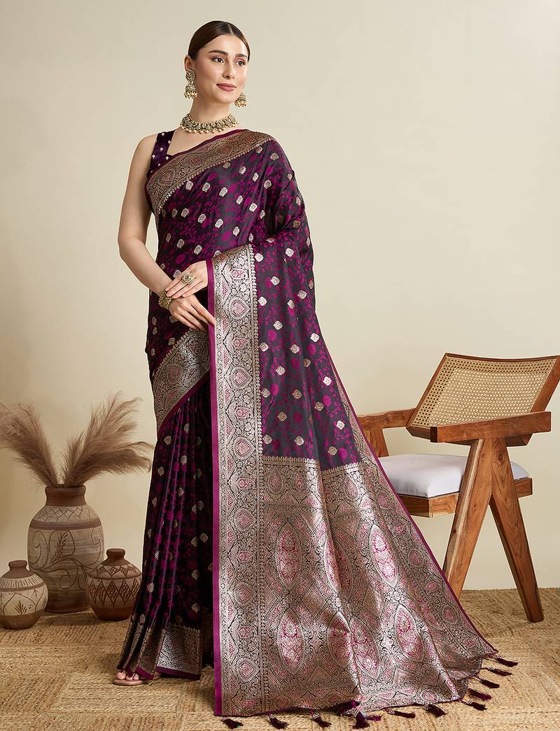 Pink woven embellished self design satin silk blend banarasi saree with blouse