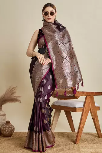 Wine woven embellished self design satin silk blend banarasi saree with blouse