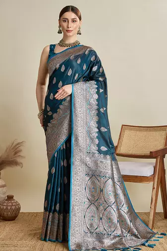 Teal blue woven embellished self design satin silk blend banarasi saree with blouse