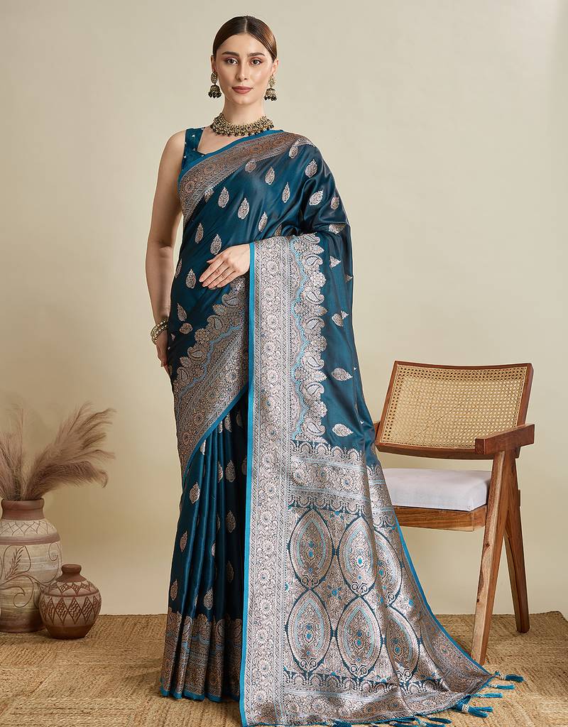 Teal blue woven embellished self design satin silk blend banarasi saree with blouse
