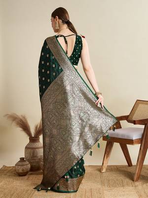 Green woven embellished self design satin silk blend blend banarasi saree with blouse 4