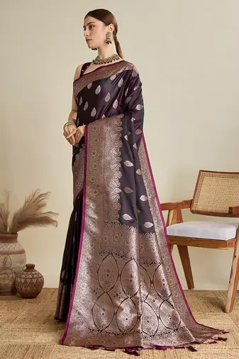 Wine woven embellished self design satin silk blend banarasi saree with blouse