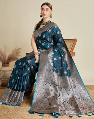 Teal blue woven embellished self design satin silk blend blend banarasi saree with blouse 2