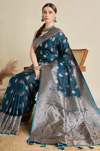 Teal blue woven embellished self design satin silk blend banarasi saree with blouse