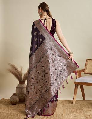 Wine woven embellished self design satin silk blend blend banarasi saree with blouse 4