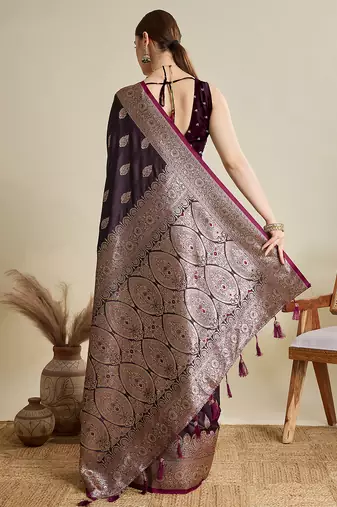 Wine woven embellished self design satin silk blend banarasi saree with blouse