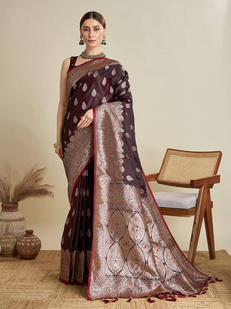 Maroon woven embellished self design satin silk blend banarasi saree with blouse