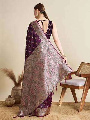 Pink woven embellished self design satin silk blend blend banarasi saree with blouse 4