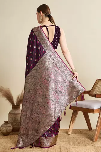 Pink woven embellished self design satin silk blend banarasi saree with blouse