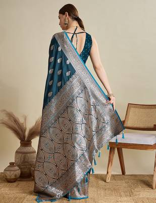 Teal blue woven embellished self design satin silk blend blend banarasi saree with blouse 4