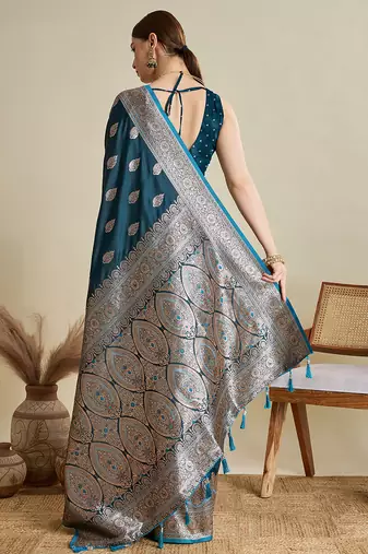 Teal blue woven embellished self design satin silk blend banarasi saree with blouse