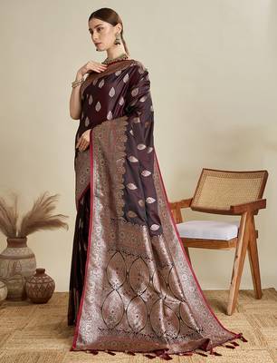 Maroon woven embellished self design satin silk blend blend banarasi saree with blouse 3